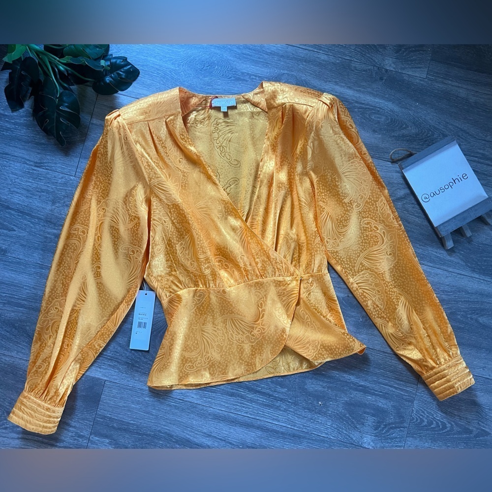 Ronny Kobo Yellow Lorrie Wrap Surplice V Neck Satin Jacquard  Top. Size M NWT!